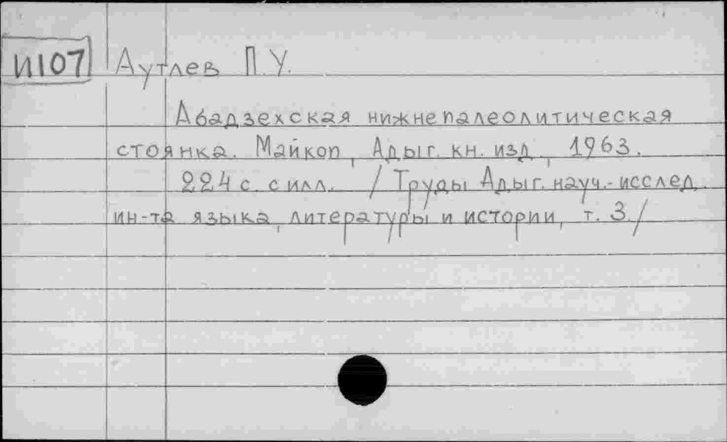 ﻿ІДІОТІ	Аут	А Є (Ч П . У
		Дбар ле искал нишкне палеолитическая
	сто	* нка. Майкоп ! Адыг, кн. изд , 1963. 	
		9,2, А с силл. / Трупні Ап ыг. науч,- исслел .
	ИМ -Td	г языка литературы и истории,	т. 3../	
		' І/l	Г '	/
		
		
		
		яВййк
		